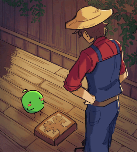 Stardew Valley Character Looking At Junimo GIF
