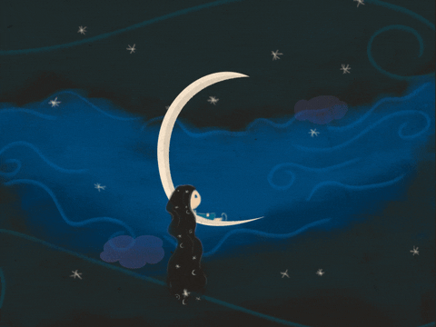Starry Night Girl Lying On Crescent Moon GIF