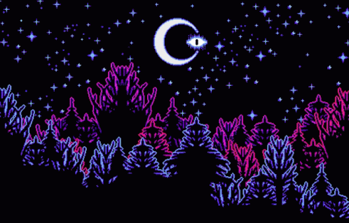 Starry Night With Crescent Moon Above Forest GIF