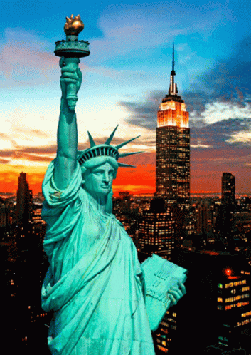 Statue of Liberty in Front of Empire State Building