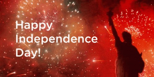 Statue of Liberty Saying Happy Independence Day with Fireworks