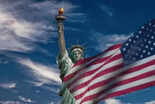 Statue of Liberty Surrounded by Large American Flag