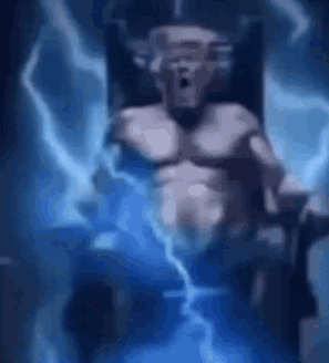 Statue of Man in Chair With Lightning Behind