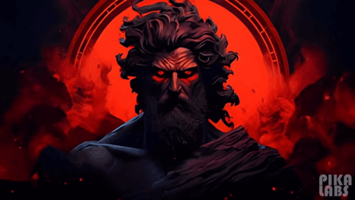 Statue Of Man With Red Eyes And Pika Labs Logo GIF