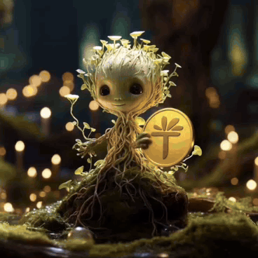Statue of Tree Holding Coin With Chinese Symbol