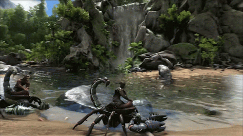 Statue Of Woman Sitting On Scorpion In Front Of Waterfall GIF