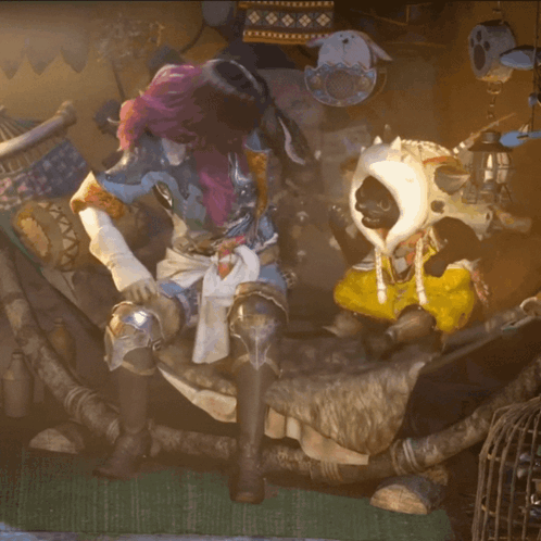 Statue With Purple Hair Sitting Next to Skeleton