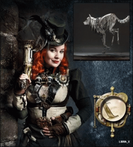 Steampunk Woman Holding Gun Beside Dog Picture