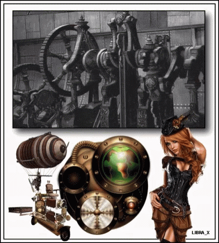 Steampunk Woman Next to Machine and Globe