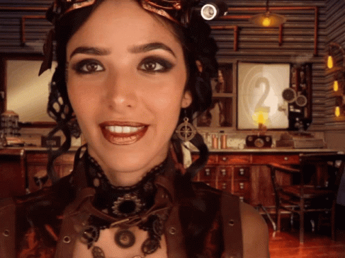 Steampunk Woman Smiling in Front of Clock