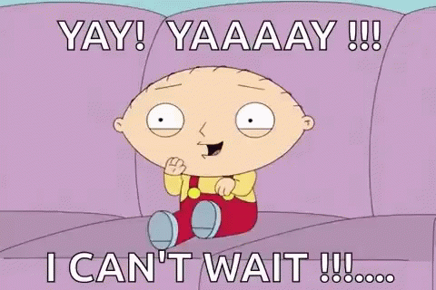 stewie from family guy is sitting on a couch with the words `` i can 't wait '' .