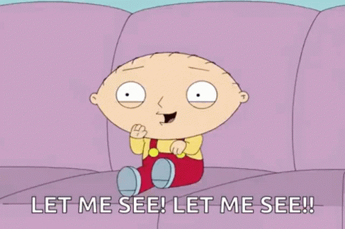 Stewie From Family Guy Is Sitting On A Purple Couch And Says `` Let Me See ! Let Me See ! '' GIF