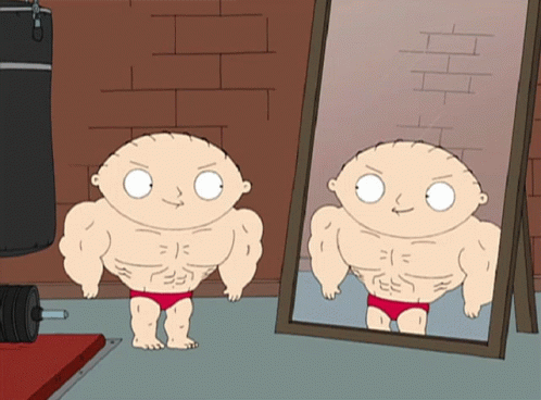 Stewie Griffin Flexing Muscle On Mirror GIF
