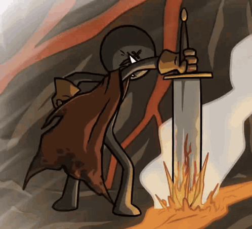 Stick Figure Holding Sword in Front of Fire
