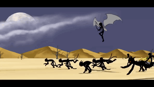 Stick Figures Running in Desert With Full Moon
