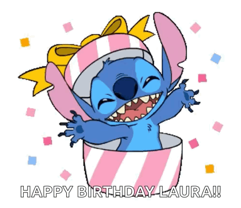 Stitch Coming Out of Gift Box Happy Birthday Laura