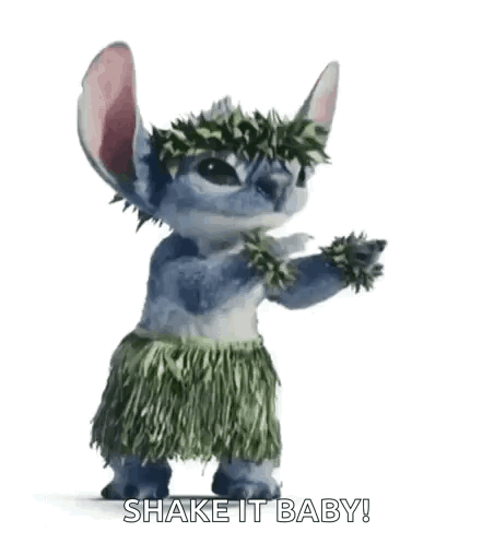 Stitch From Disney 'S Lilo And Stitch Is Wearing A Hula Skirt And Wreath . GIF