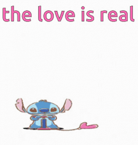 Stitch Is Holding A Pink Heart Shaped Balloon With The Words " The Love Is Real " GIF