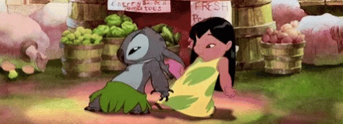 Stitch Is Standing Next To A Girl In A Yellow Dress In Front Of A Fruit Stand . GIF