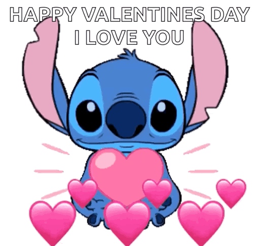 Stitch Saying Happy Valentine's Day With Pink Hearts GIF