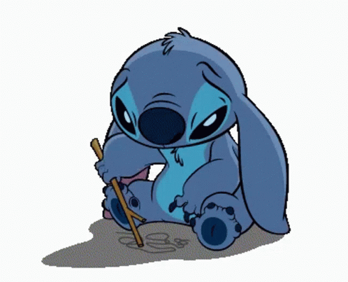 Stitch Sitting Down With Stick in Paws