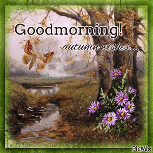Stream With Flowers and Butterfly Saying Good Morning Autumn Wishes