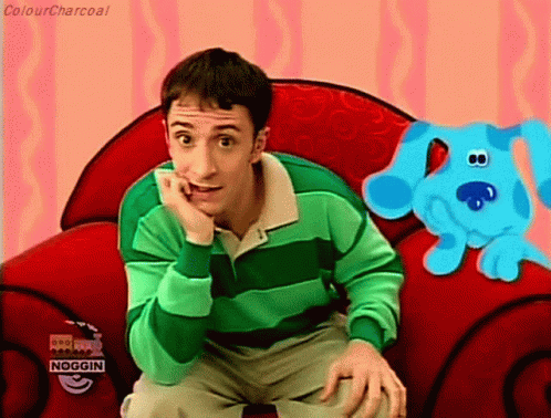 Striped Shirt Man with Blue Dog Red Chair