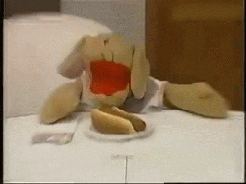 Stuffed Animal Eating Hot Dog With Ketchup