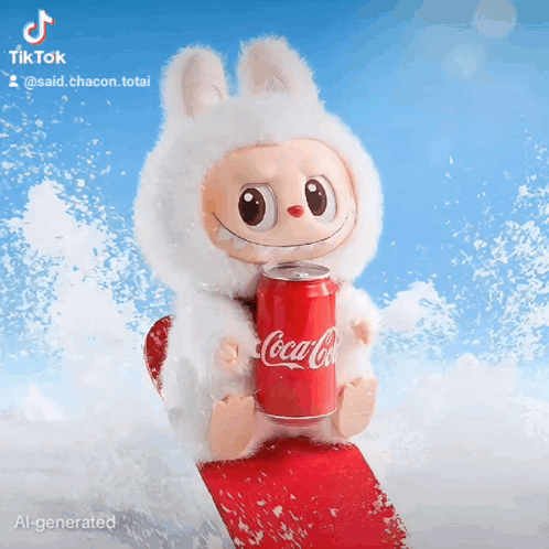 Stuffed Animal Holding Coca Cola Can On Snowboard GIF