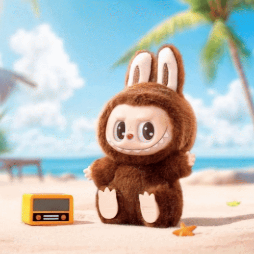 Stuffed Animal in Bunny Costume Next to Yellow Radio