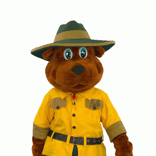 Stuffed Animal in Hat and Yellow Shirt Saying Bello