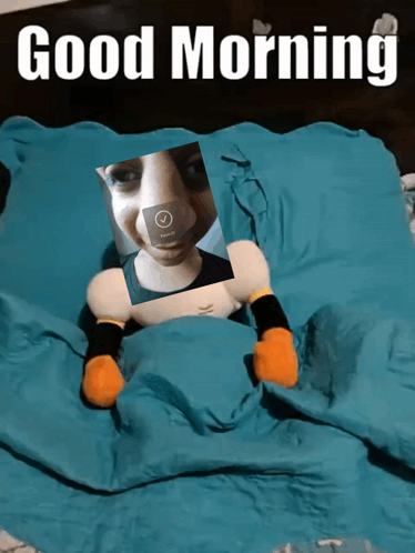 Stuffed Animal Laying on Bed with Woman Picture Good Morning