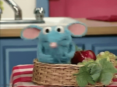 Stuffed Animal Mouse Sitting In Fruit Basket GIF