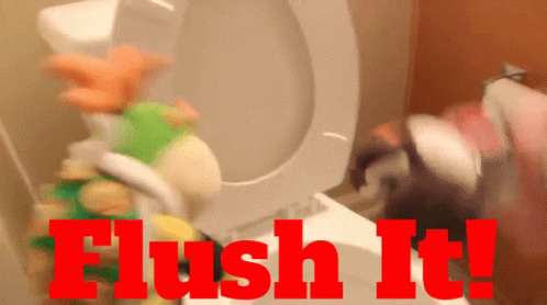 Stuffed Animal Next To Toilet Saying Flush It GIF