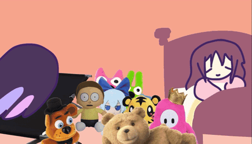 Stuffed Animals and Girl Sleeping in Bed
