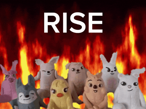 Stuffed Animals in Front of Fire with Rise