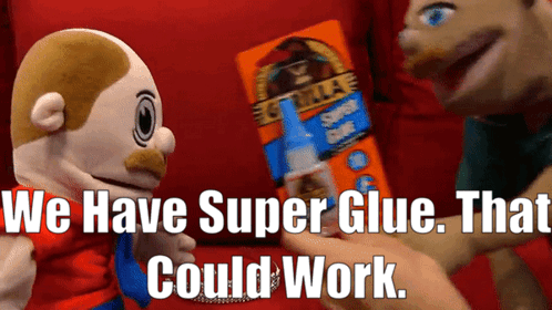 Stuffed Animals Next To Super Glue GIF