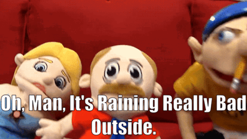 Stuffed Animals on Red Couch Saying Oh Man It's Raining
