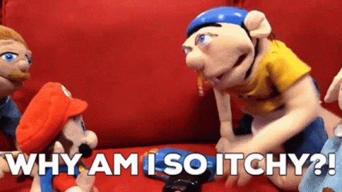 Stuffed Animals Sitting on Couch Asking Why Am I So Itchy