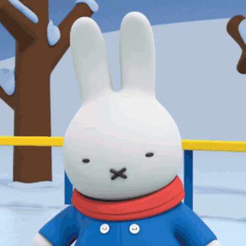 Stuffed Bunny in Blue Jacket and Scarf with X Face