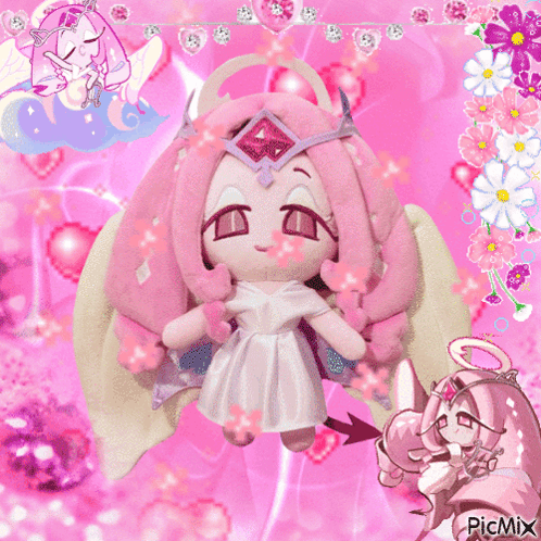 Stuffed Doll With Pink Hair, Wings, Flowers and Hearts