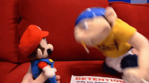 Stuffed Mario and Jeffy on Red Couch Detention Sign