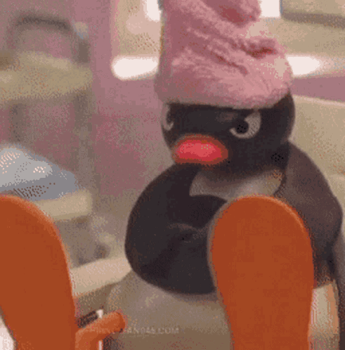 Stuffed Penguin in Pink Hat Sitting on Toilet
