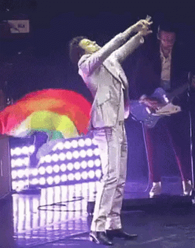 Suit Man Arms Up Rainbow Flag