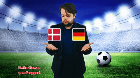 Suited Man with Soccer Ball, Danish, German Flags