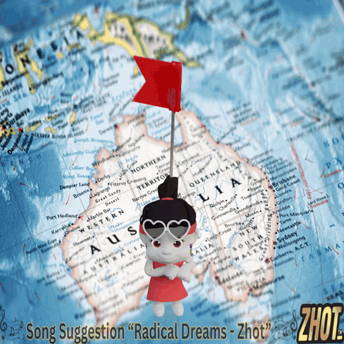 Sunglasses Doll Holding Red Flag on Australia Map