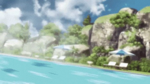 Sunny Swimming Pool with Rocks and Trees