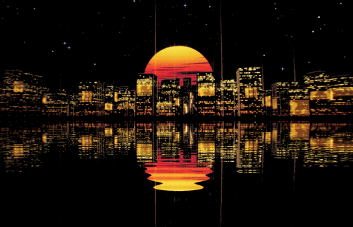 Sunset Over City With Reflection in Water