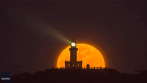 Super Moon Rising Behind Lighthouse GIF