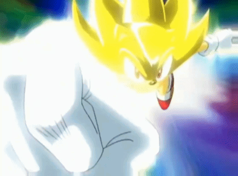 Super Sonic From Sonic The Hedgehog Is Flying Through The Air With A Light Coming Out Of His Mouth . GIF